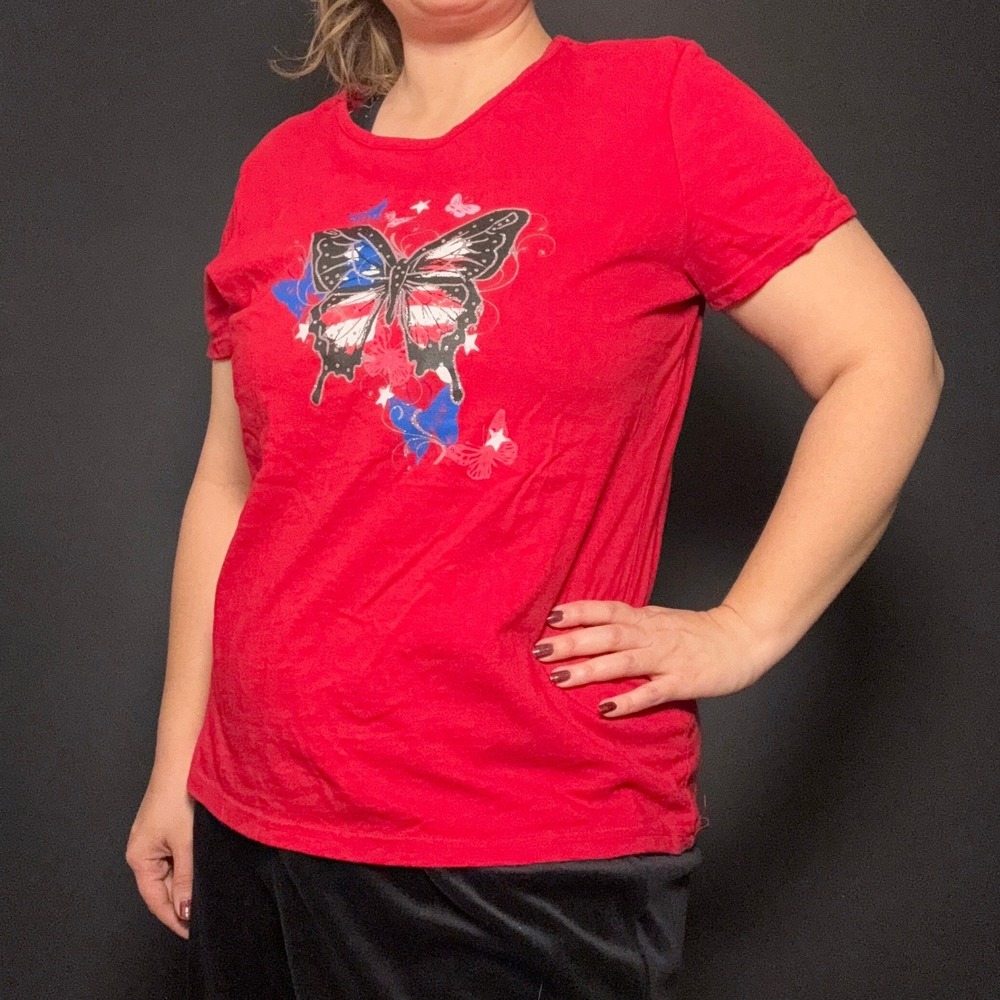 4th of July Red Tee Butterfly American Flag L Grannycore Animal Cotton Insect - Picture 2 of 7